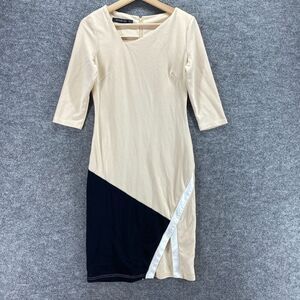 Homeyee Dress Women M Medium Beige Sheath Midi Zipper Cotton 3/4 Sleeve Casual